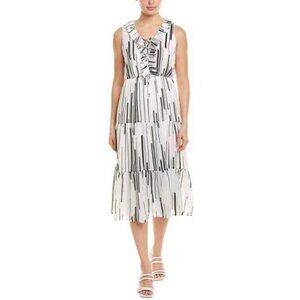 Taylor Shear White Ruffled Tie Neck Below The Knee Fit + Flare Evening Dress 4P